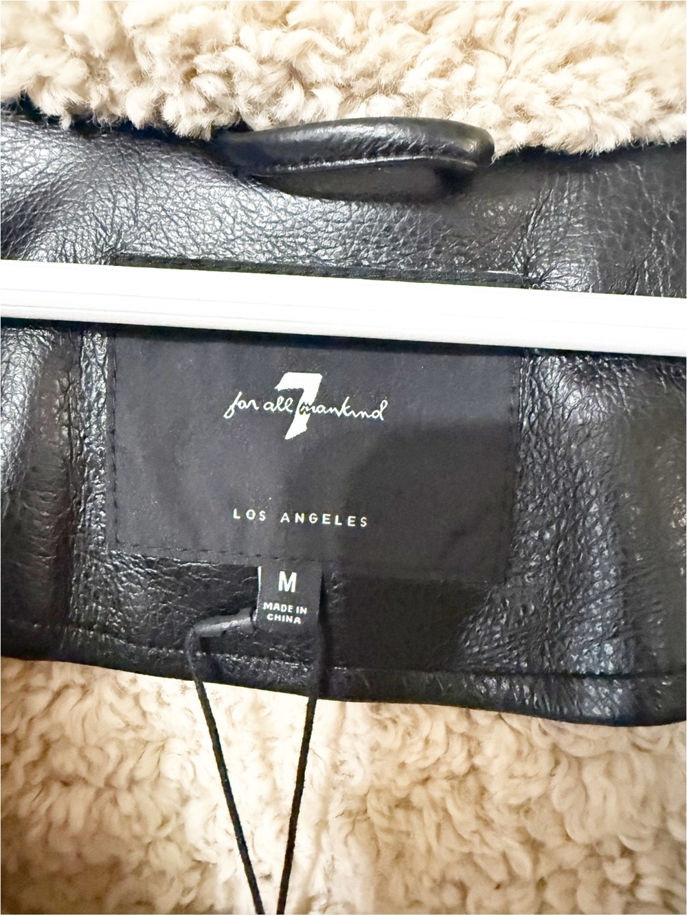 7 For All Mankind Faux Shearling Black Cream Faux Leather Longline Jacket NEW - Picture 11 of 11